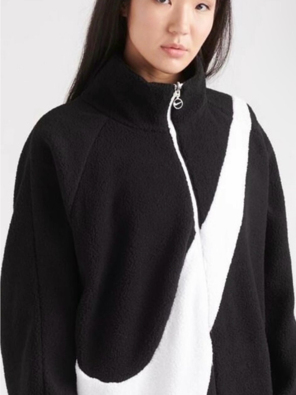 Nike Black & White Swoosh Teddy Fleece Zip Jacket